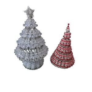 Vintage Clear‎ Red Beaded Safety Pin Christmas Tree With Star Topper Set Of 2